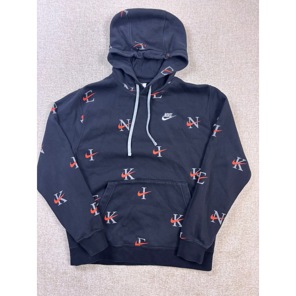 Nike Mens All Over Print Letter Swoosh Fleece Hoodie Black Orange L CJ8907-010